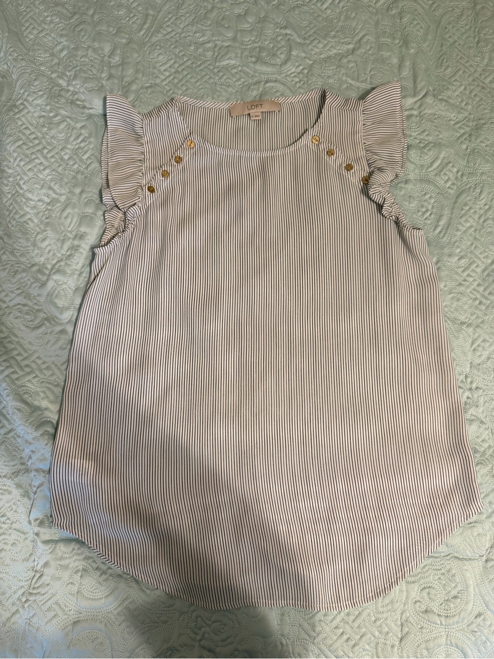 LOFT White and Navy Pinstripe Flutter Sleeve Top with Gold Buttons